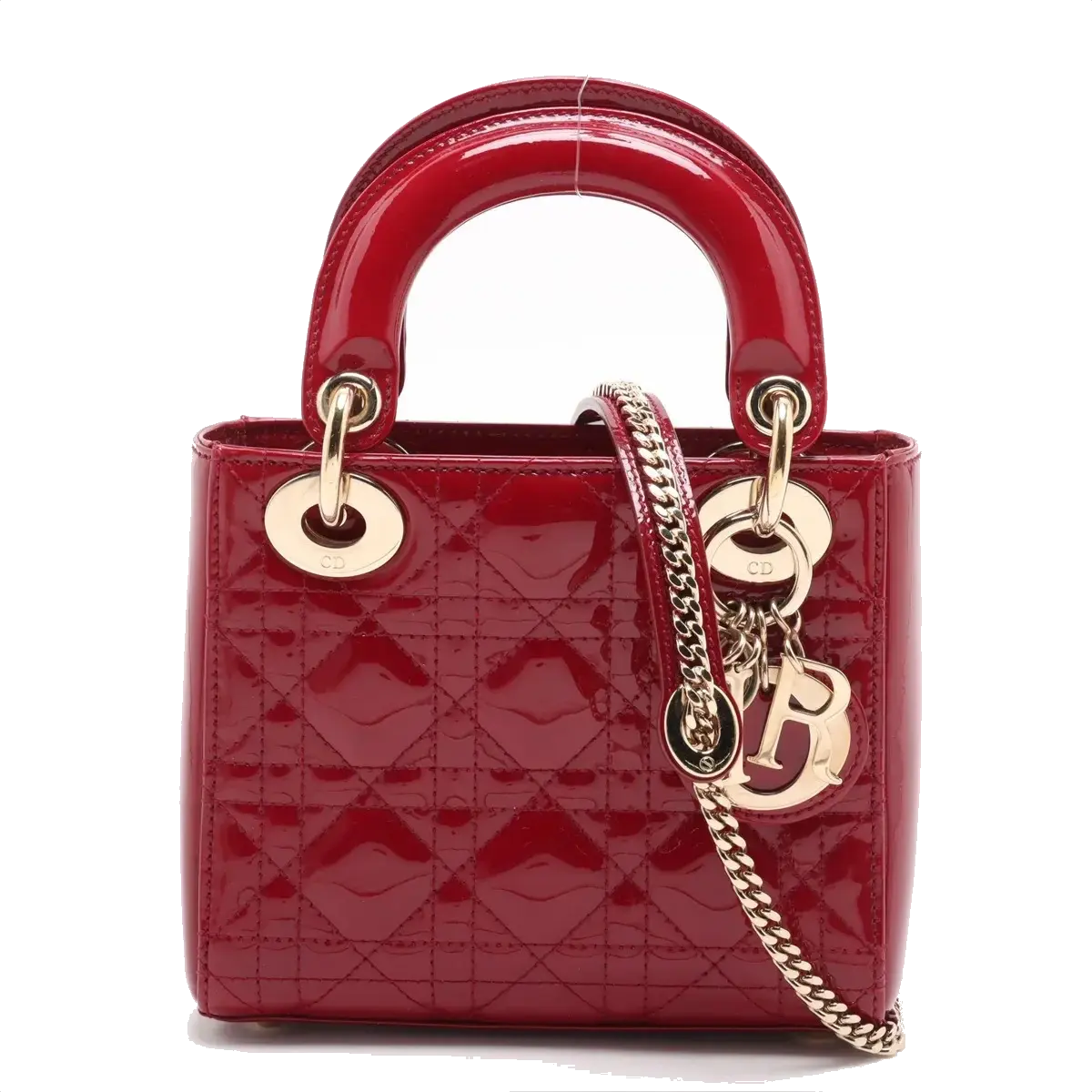 Pre-Loved Lady Dior Handbag Cannage Patent Leather Mini with Gold Hardware, Red