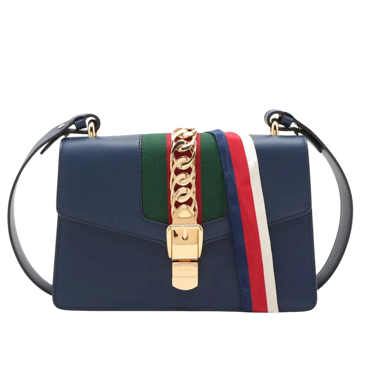 Pre-Loved Sylvie Shoulder Bag Leather Small with Gold Hardware, Navy Blue