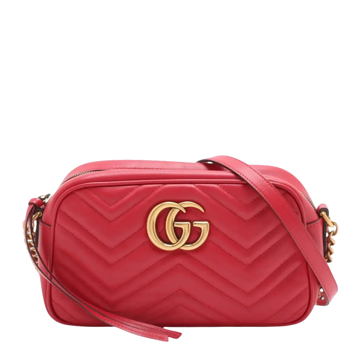 Pre-Loved GG Marmont Matelassé Camera Bag Crossbody Bag Quilted Leather Small with Aged Gold Hardware, Red