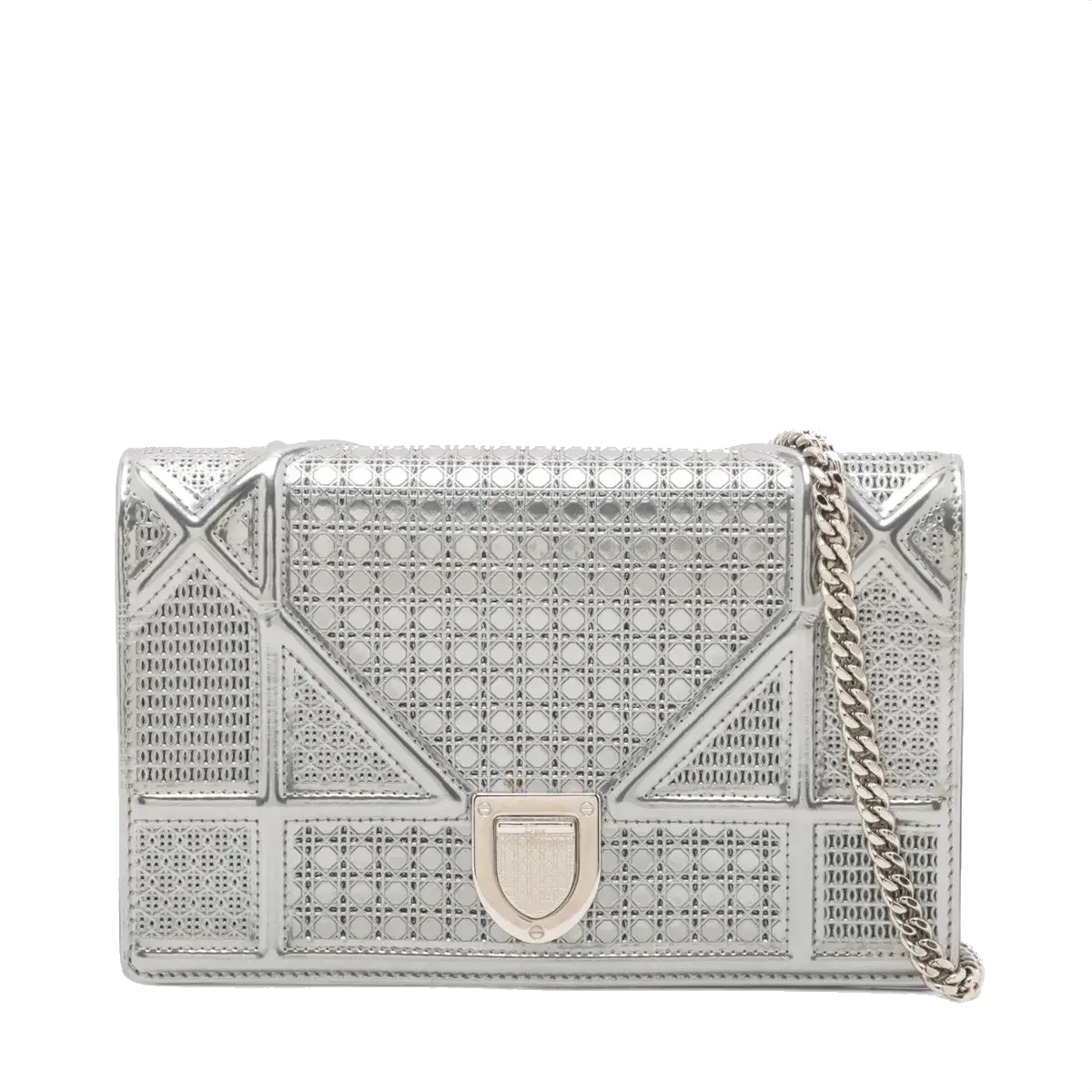 Pre-Loved Diorama Wallet on Chain Crossbody Bag Cannage Micro-Cannage Leather Small with Silver Hardware, Silver