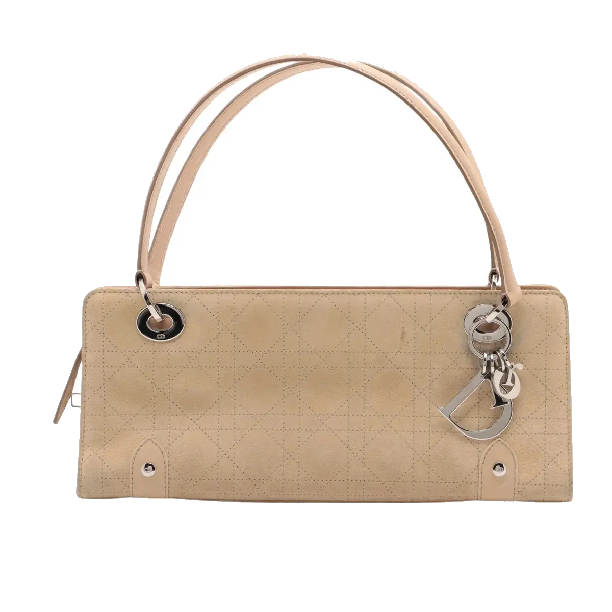 Pre-Loved Lady Dior East West Handbag Cannage Suede with Silver Hardware, Beige