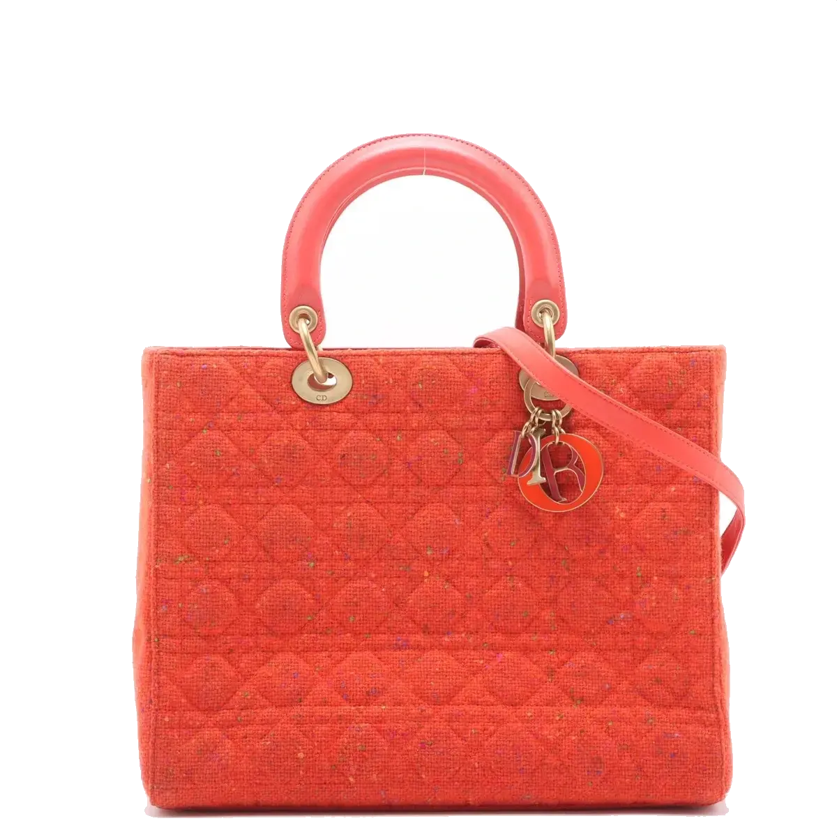 Pre-Loved Lady Dior Handbag Cannage Tweed Large with Gold Hardware, Red