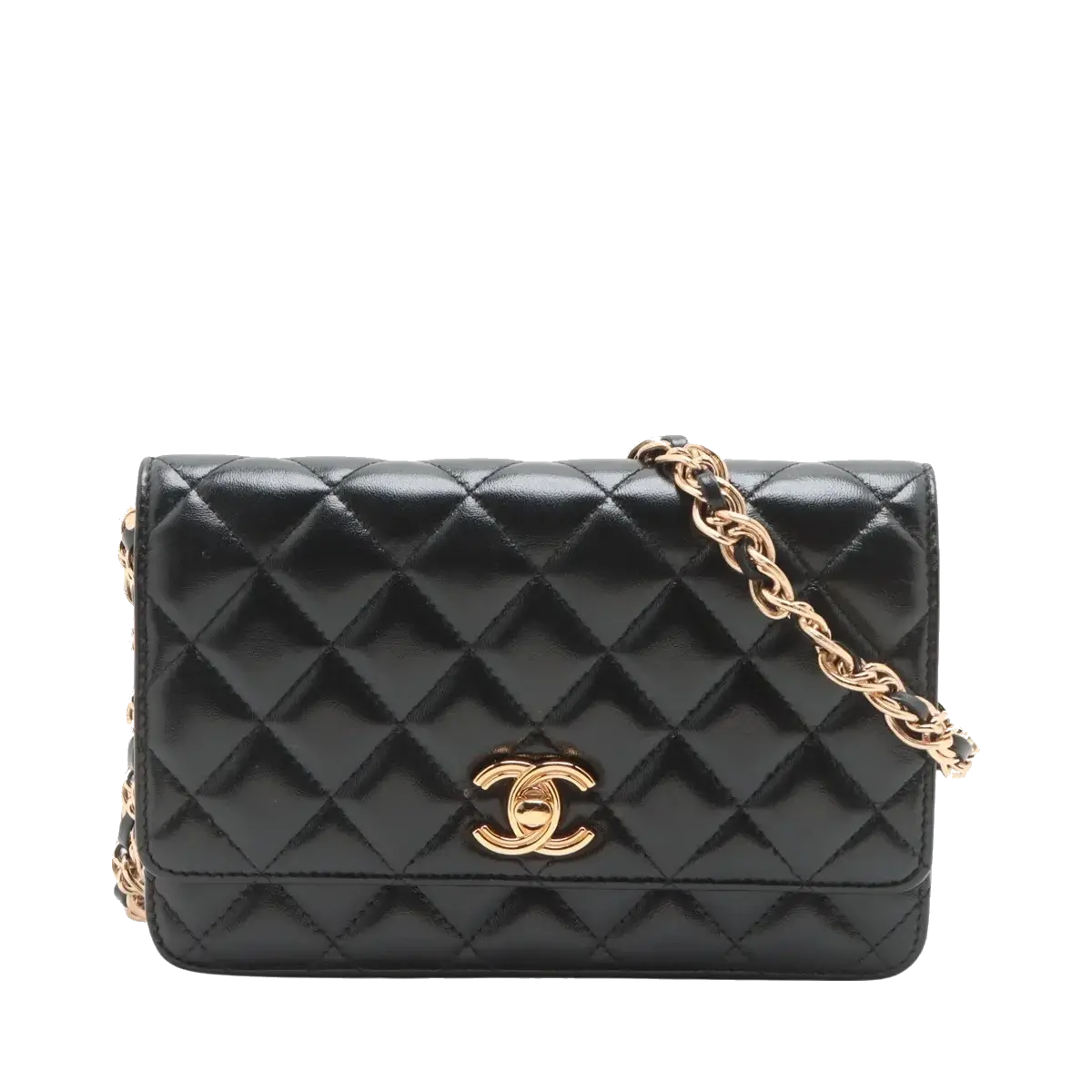 Pre-Loved Wallet on Chain Crossbody Bag Quilted Leather with Gold Hardware, Black
