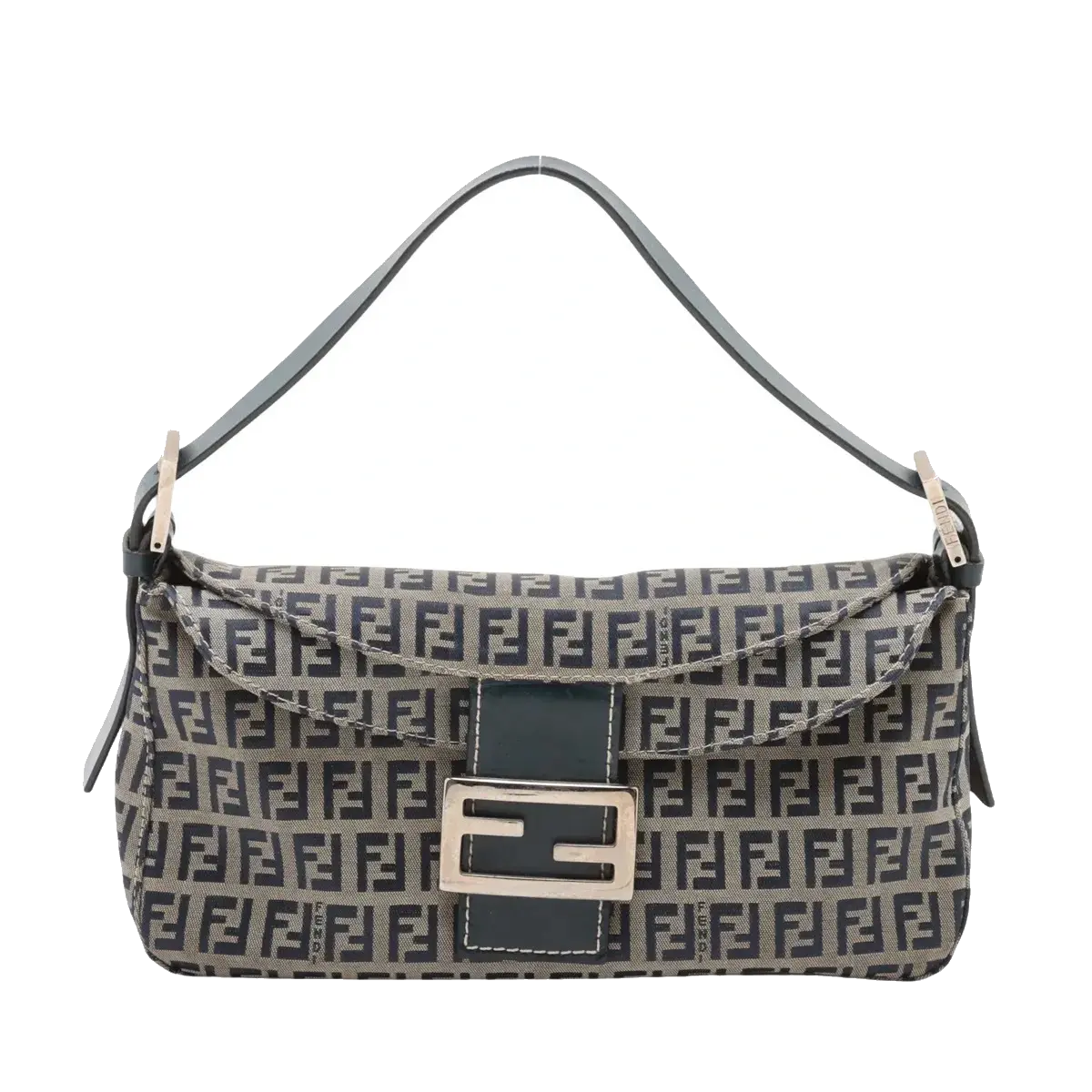 Pre-Loved Mamma Baguette Shoulder Bag Zucchino Coated Canvas with Silver Hardware, Grey / Navy