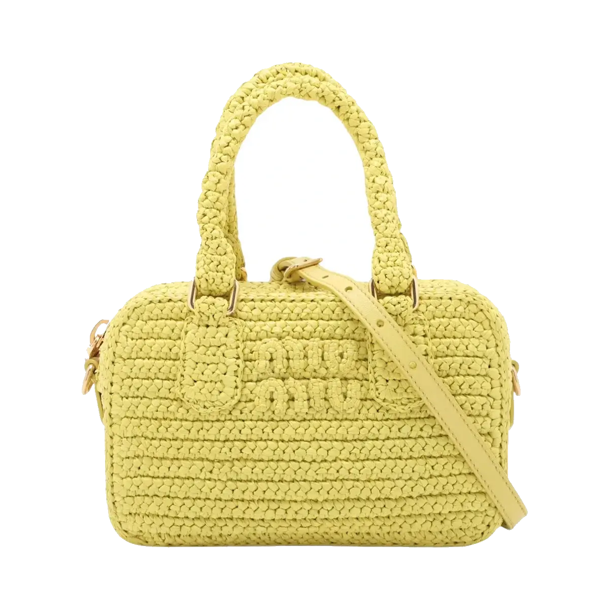 Pre-Loved Crochet Bauletto Handbag Raffia Crochet Mini with Gold Hardware, Yellow