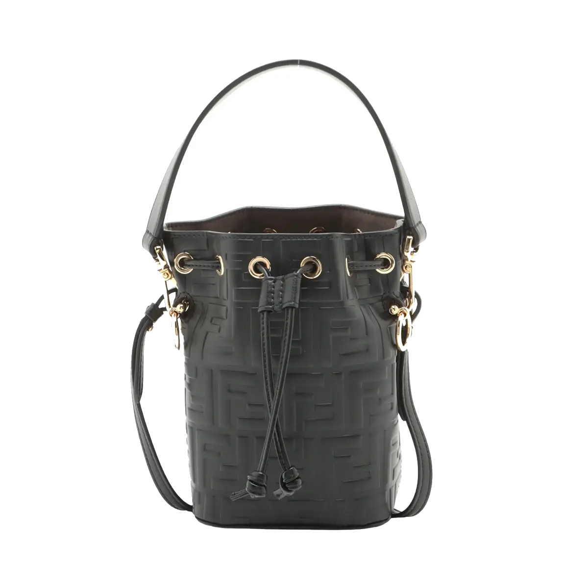 Pre-Loved Mon Tresor Bucket Bag FF Logo Embossed Leather Mini with Gold Hardware, Black