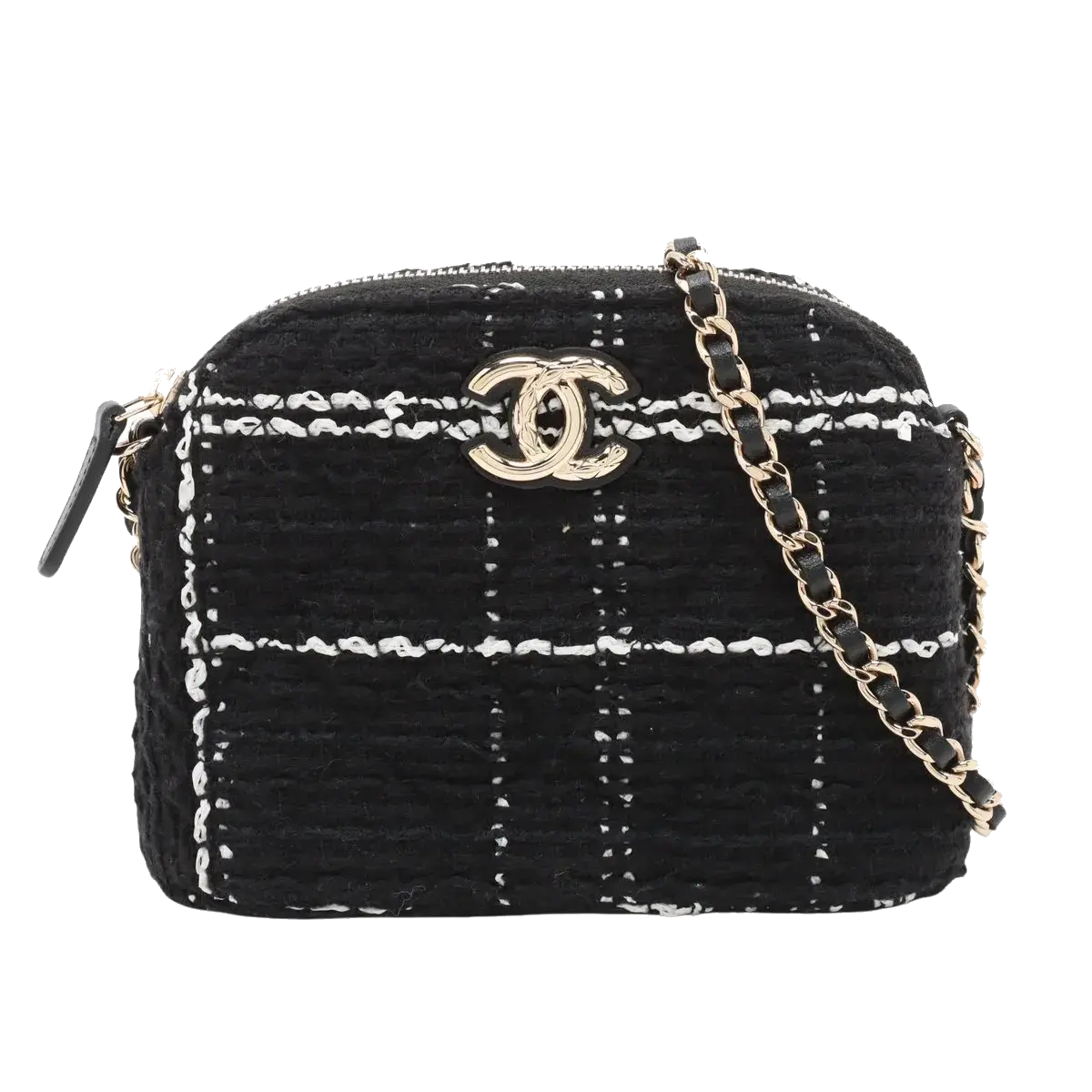 Pre-Loved Camera Bag Crossbody Bag Plaid Tweed Mini with Gold Hardware, Black and White
