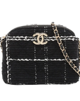 Pre-Loved Camera Bag Crossbody Bag Plaid Tweed Mini with Gold Hardware, Black and White