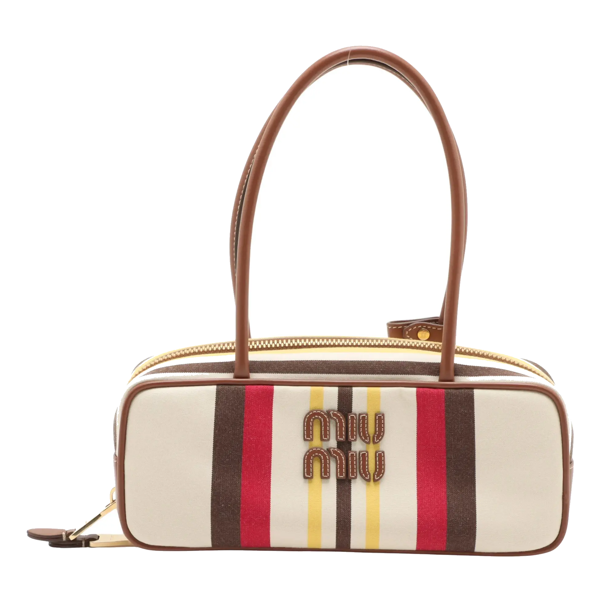 Pre-Loved Bowling Bag Handbag Striped Canvas Small with Gold Hardware, Beige Multicolor