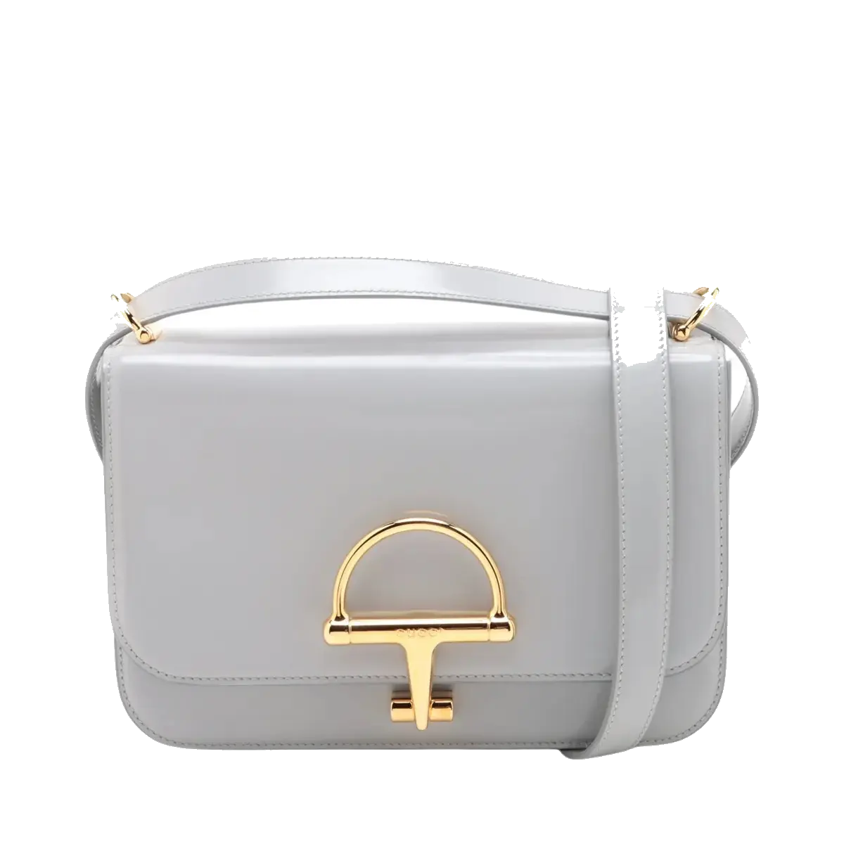 Pre-Loved Stirrup Flap Bag Shoulder Bag Leather Small with Gold Hardware, Light Gray