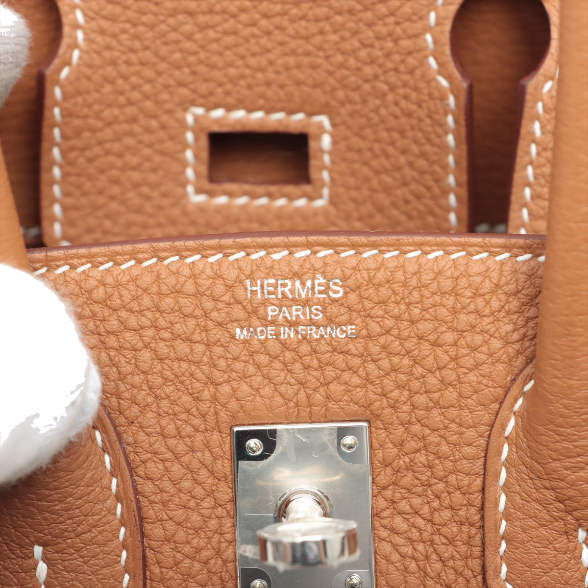 Pre-Loved Birkin Handbag Leather 25 with Palladium Hardware, Gold (Tan)