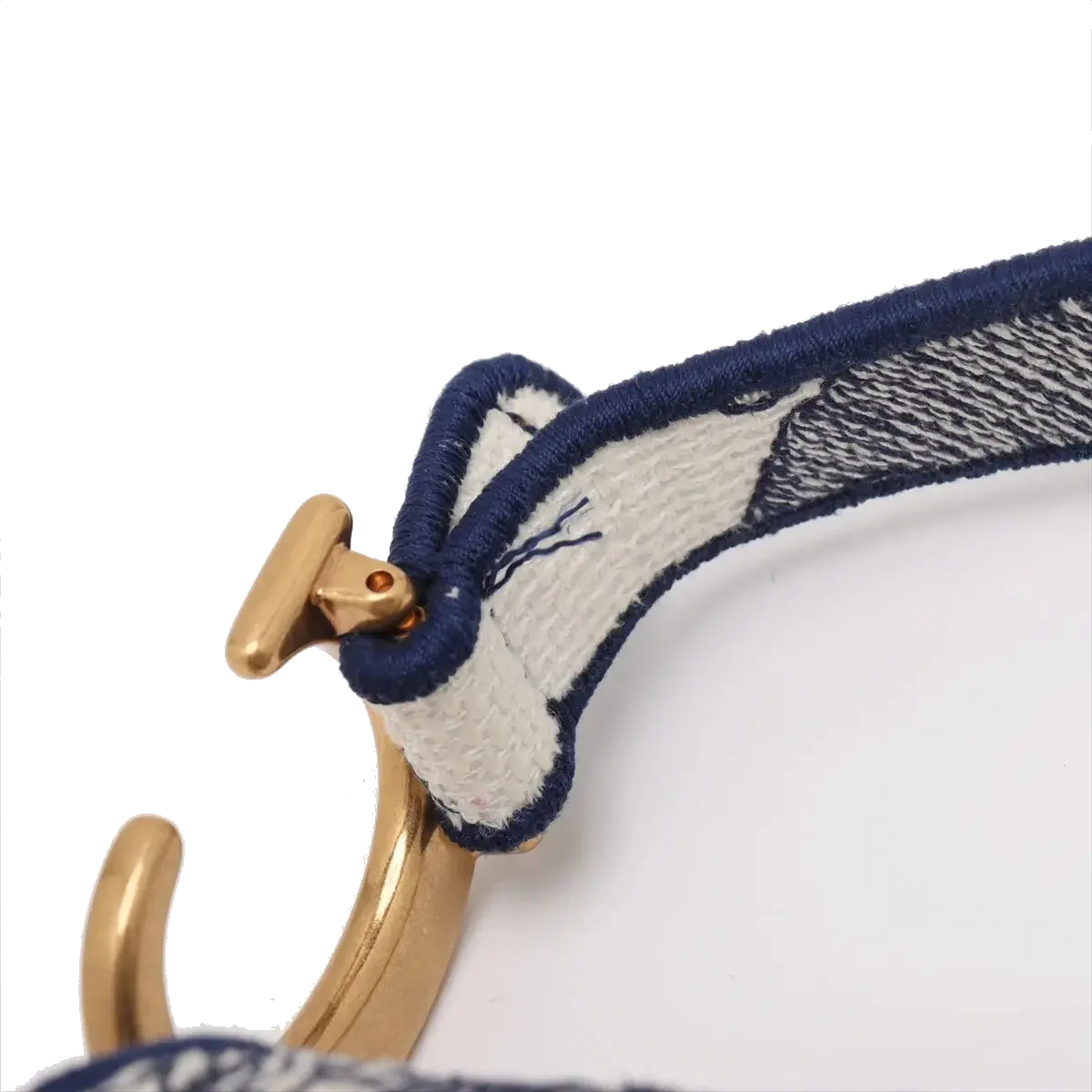 Pre-Loved Saddle Shoulder Bag Toile de Jouy Canvas Medium with Aged Gold Hardware, Beige and Blue