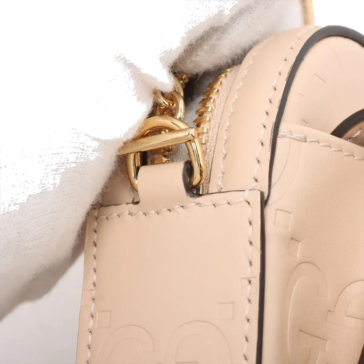 Pre-Loved GG Embossed Mini Chain Camera Bag Crossbody Bag Monogram Leather Mini with Gold Hardware, Beige