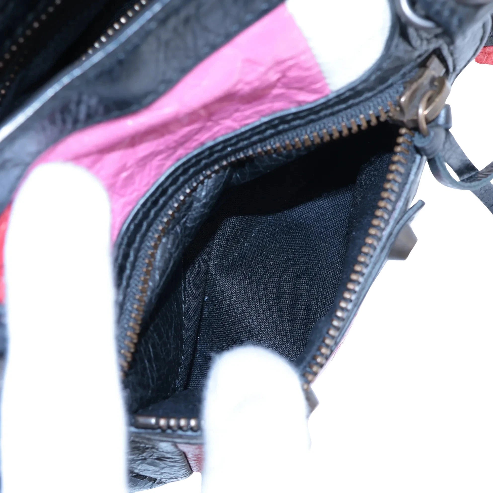 Pre-Loved Classic City Handbag Striped Leather Small with Aged Bronze Hardware, Black, White, Pink, Red