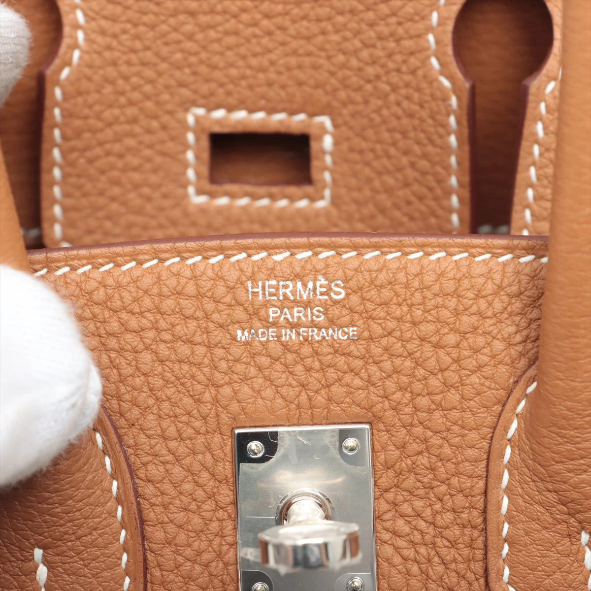 Pre-Loved Birkin Handbag Leather 25 with Palladium Hardware, Gold (Tan)