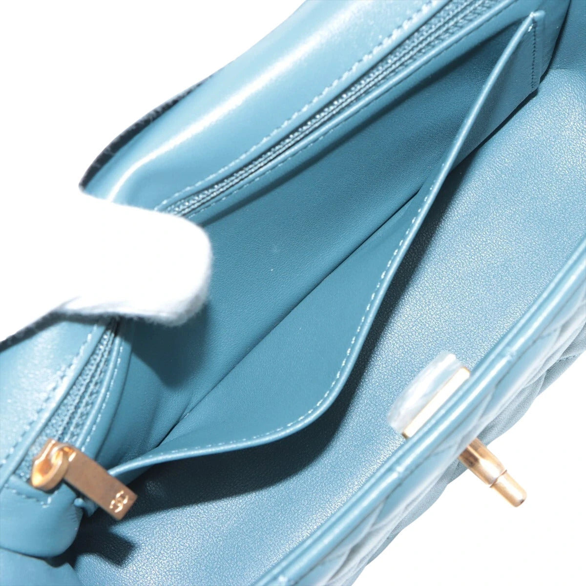 Pre-Loved Mini Flap Bag with Top Handle Handbag Quilted Leather Mini with Gold Hardware, Teal Blue