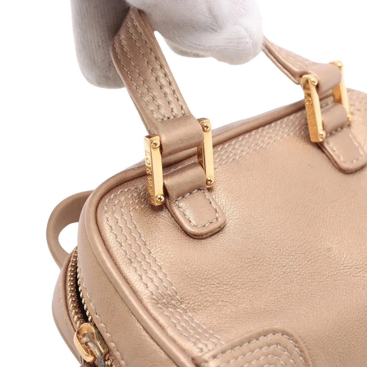 Pre-Loved Amazona Handbag Leather Mini with Gold Hardware, Metallic Beige