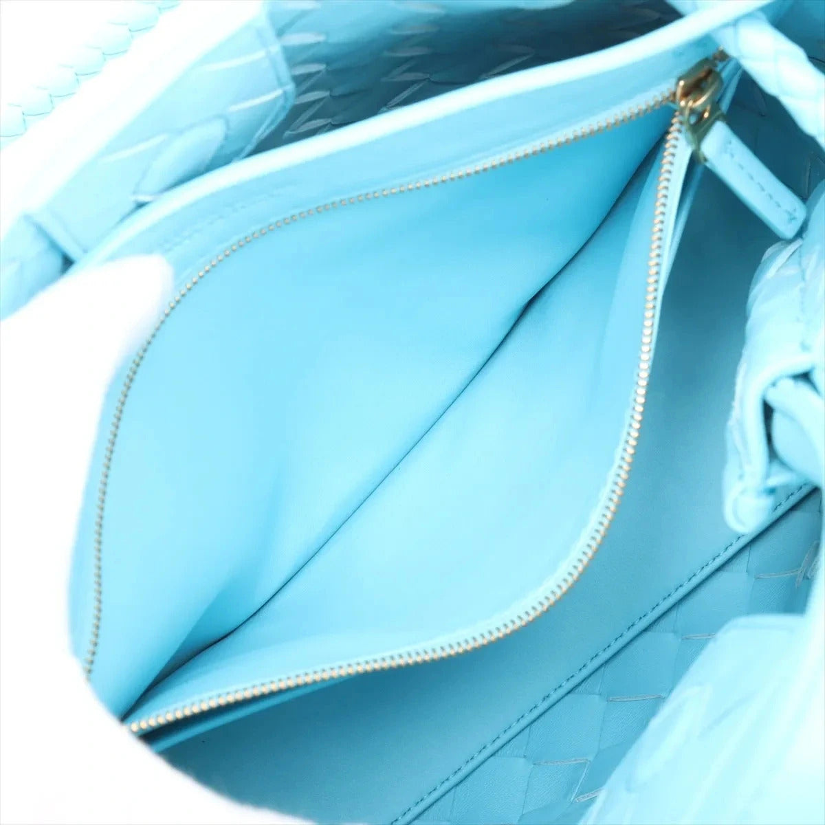 Pre-Loved Andiamo Handbag Intrecciato Leather Small with Gold Hardware, Light Blue