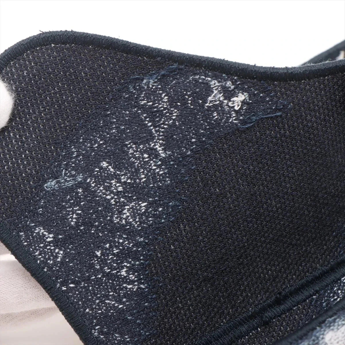 Pre-Loved Saddle Shoulder Bag Toile de Jouy Canvas Mini with Aged Gold Hardware, Navy Blue / White