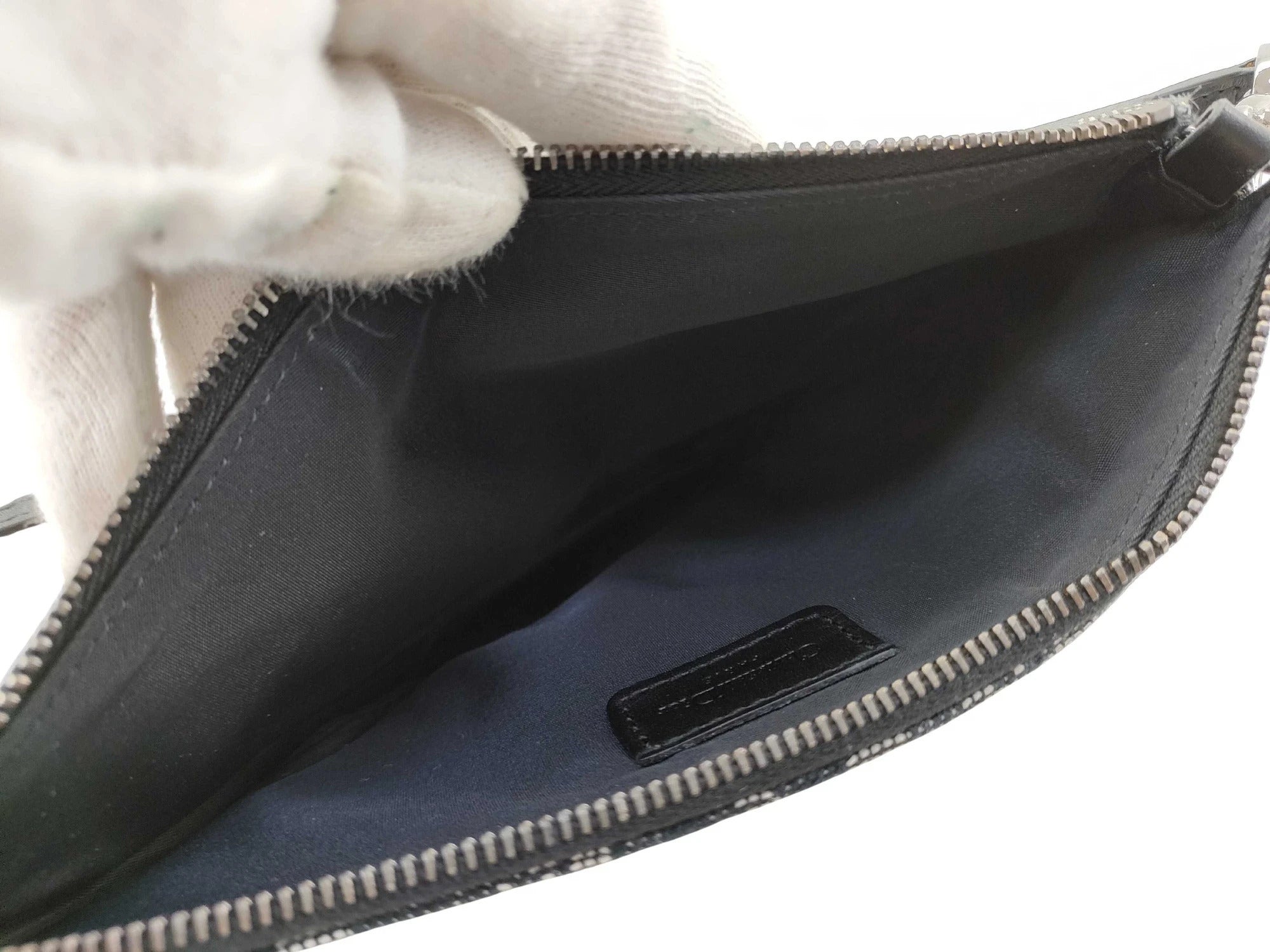Pre-Loved Saddle Pochette Oblique Canvas Mini with Silver Hardware, Navy and Grey