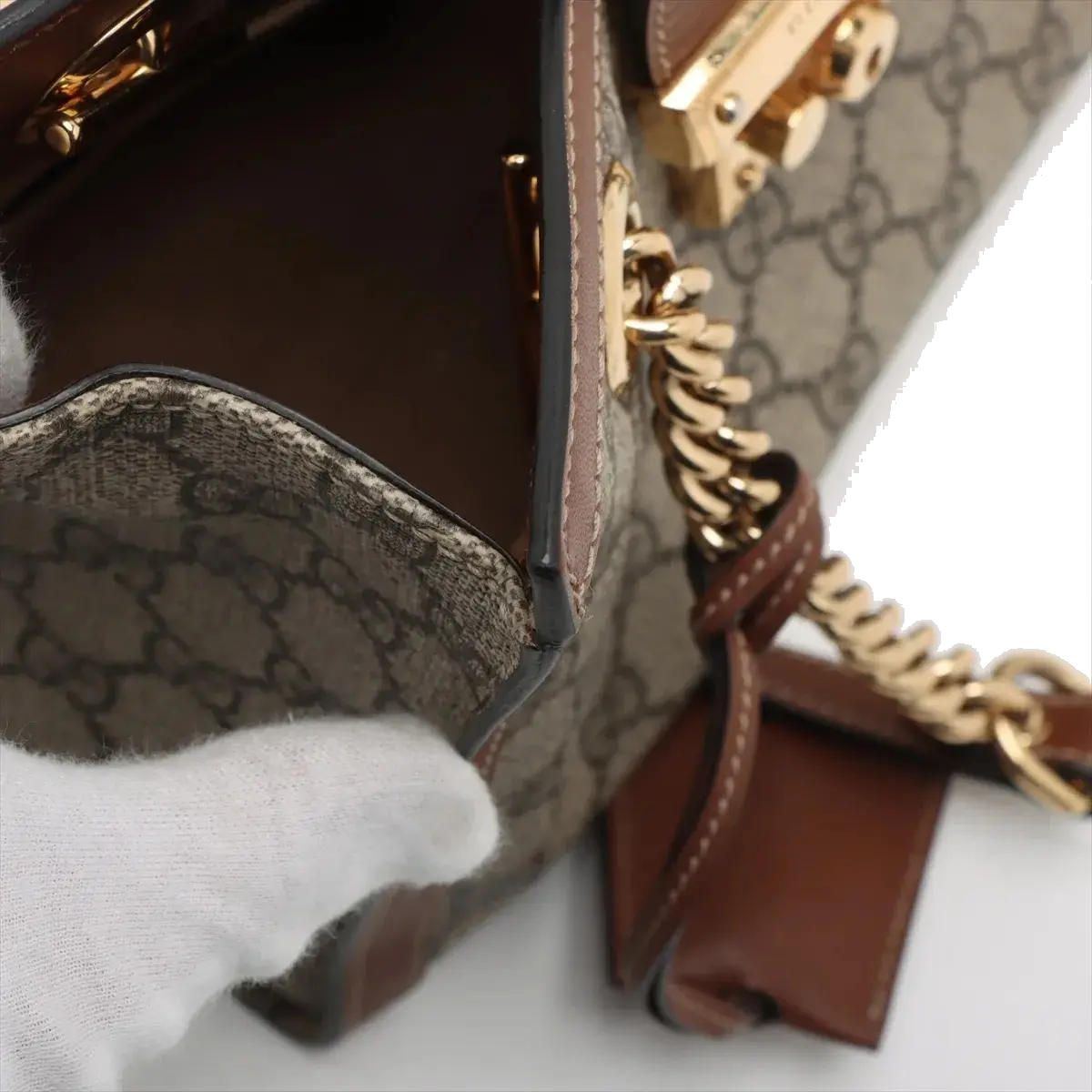 Pre-Loved Padlock Tote Monogram Coated Canvas Small with Gold Hardware, Beige Ebony