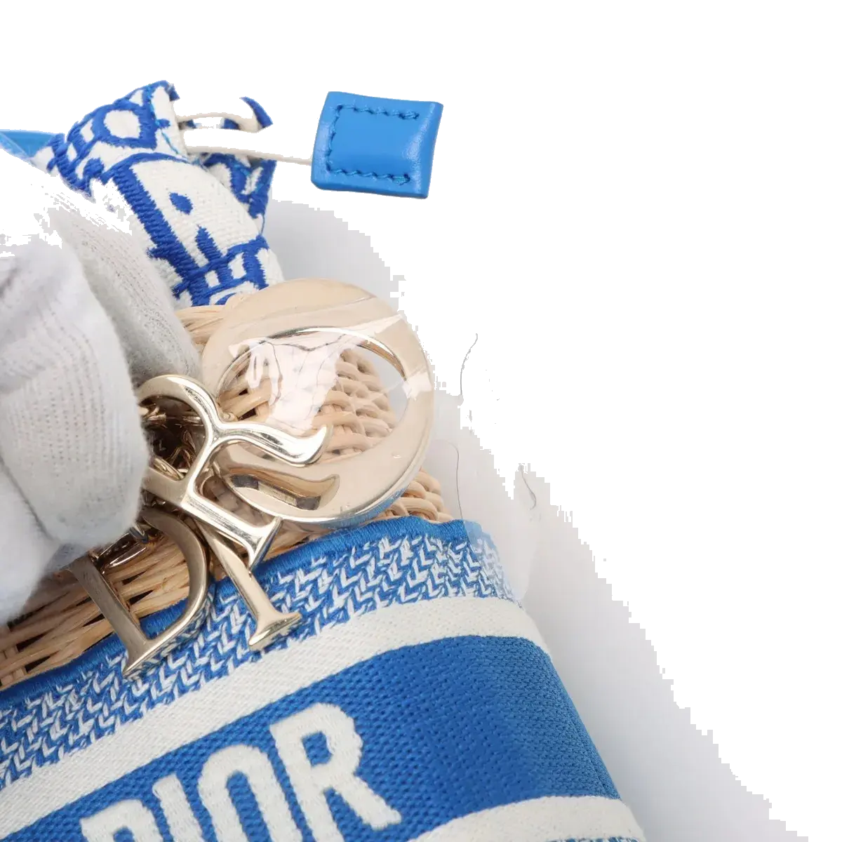 Pre-Loved Lady Dior Handbag Wicker Oblique Medium with Gold Hardware, Natural Beige and Blue