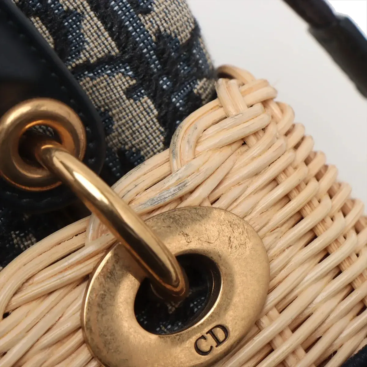 Pre-Loved Lady Dior Wicker Handbag Wicker Oblique Medium with Aged Gold Hardware, Natural / Navy