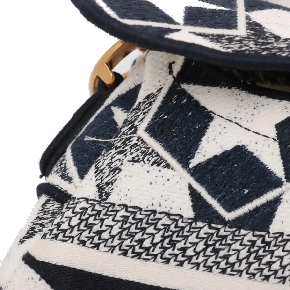 Pre-Loved Saddle Shoulder Bag Star Canvas Medium with Aged Gold Hardware, Navy and White
