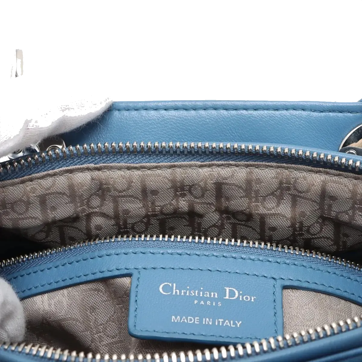 Pre-Loved Lady Dior Handbag Cannage Leather Large with Silver Hardware, Blue