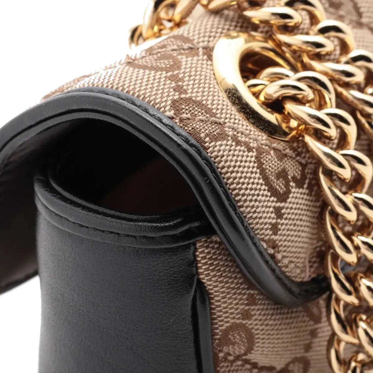 Pre-Loved GG Marmont Shoulder Bag Monogram Coated Canvas Mini with Gold Hardware, Beige / Ebony with Black Leather Trim