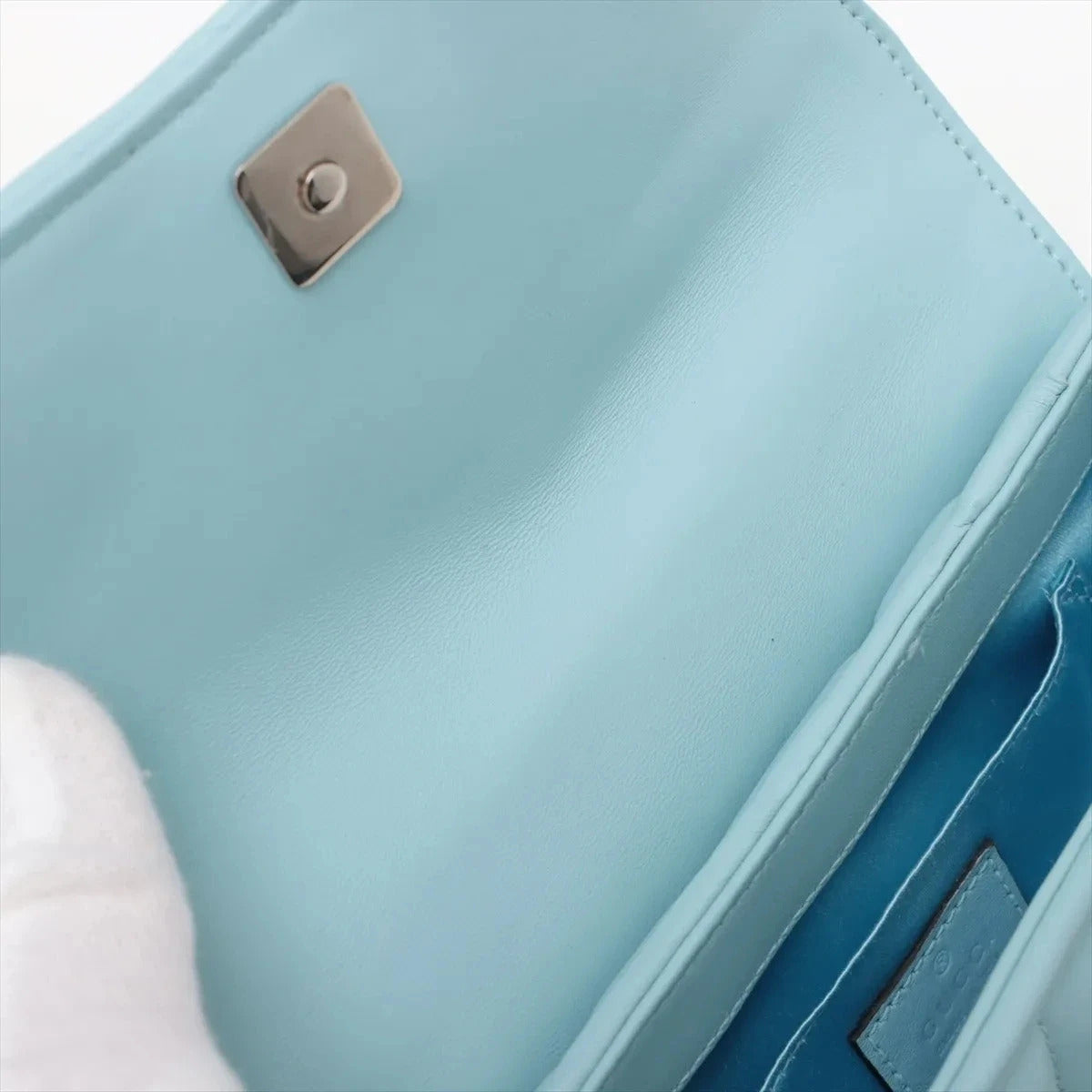 Pre-Loved Horsebit Chain Shoulder Bag Quilted Leather Small with Silver Hardware, Light Blue