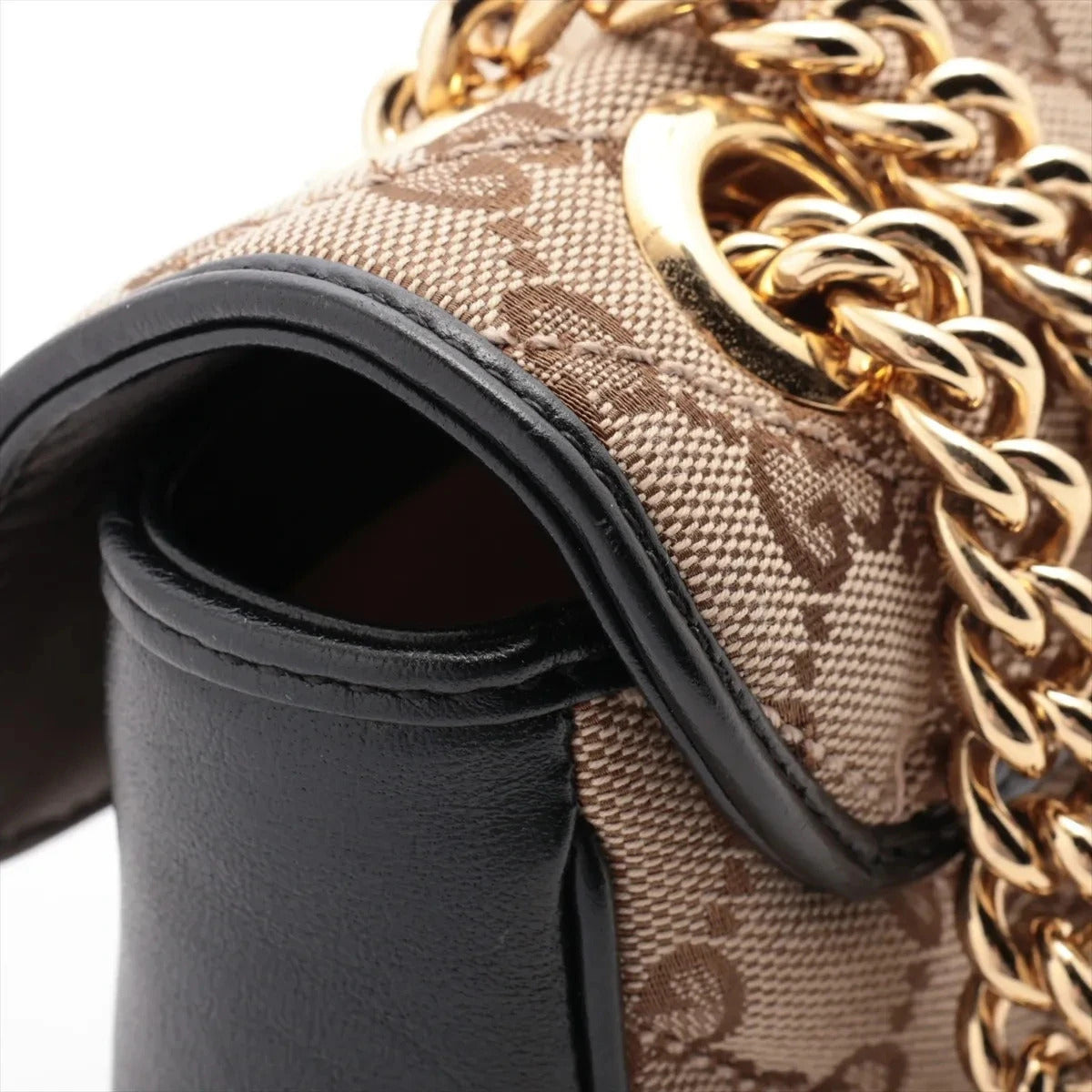 Pre-Loved GG Marmont Shoulder Bag Monogram Coated Canvas Mini with Gold Hardware, Beige / Ebony with Black Leather Trim
