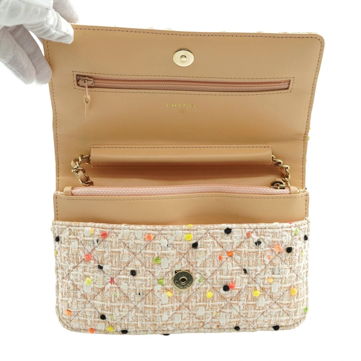 Pre-Loved Wallet on Chain Crossbody Bag Quilted Tweed with Gold Hardware, Beige Multicolor