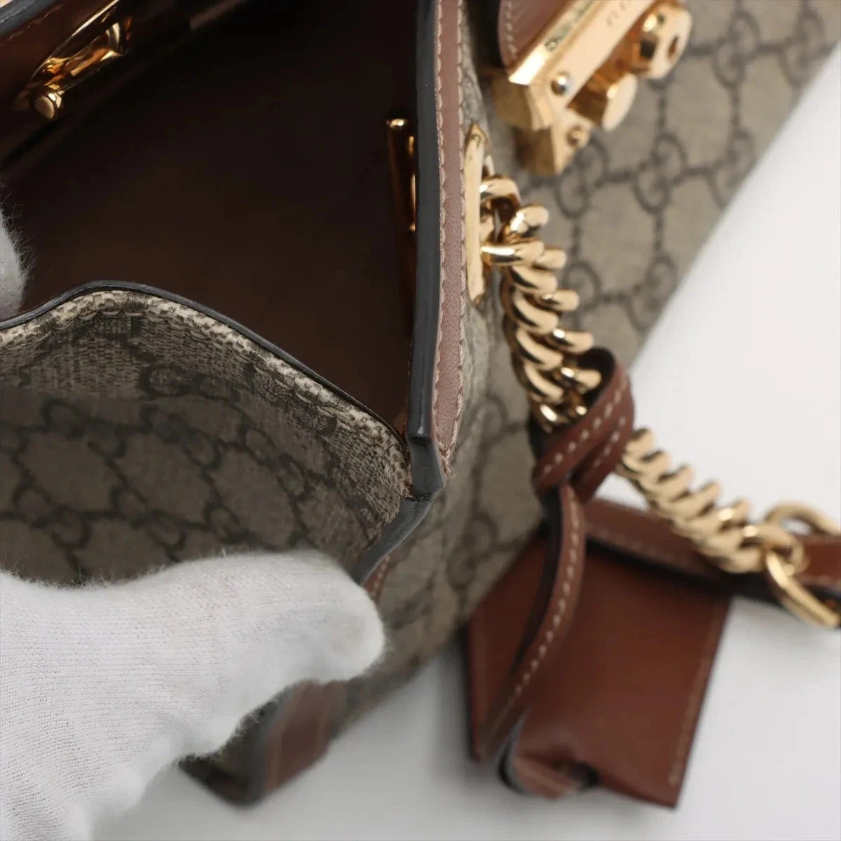 Pre-Loved Padlock Tote Monogram Coated Canvas Small with Gold Hardware, Beige Ebony