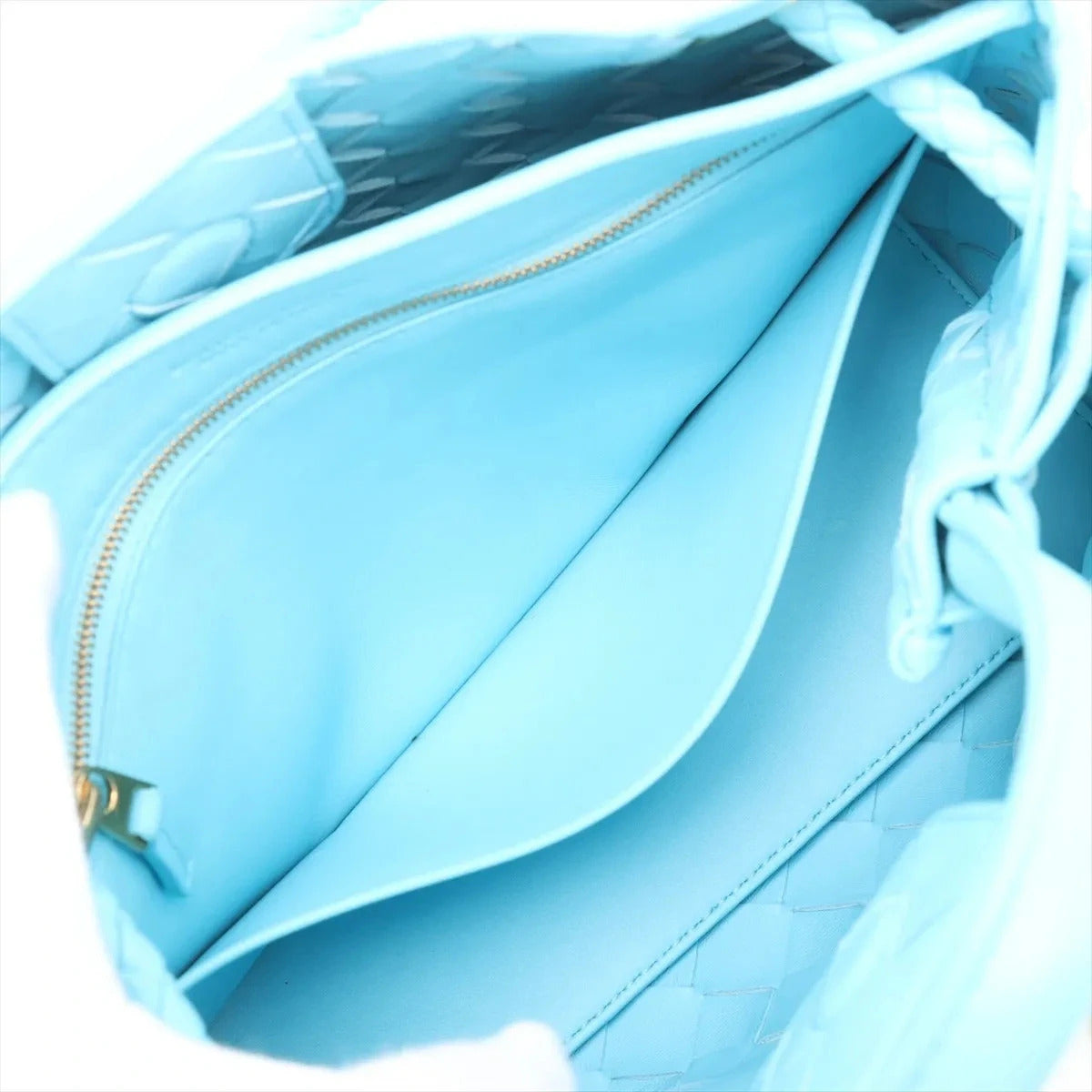 Pre-Loved Andiamo Handbag Intrecciato Leather Small with Gold Hardware, Light Blue