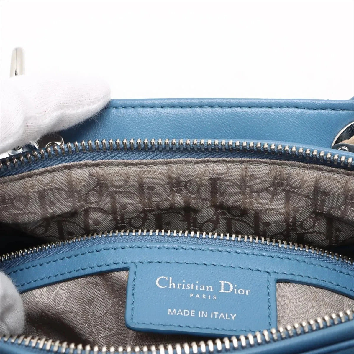 Pre-Loved Lady Dior Handbag Cannage Leather Large with Silver Hardware, Blue