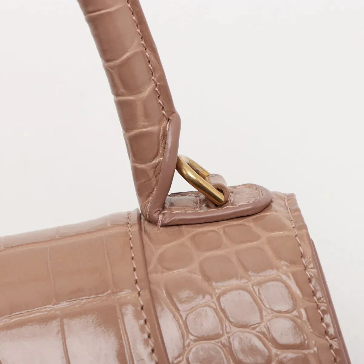 Pre-Loved Hourglass Handbag Crocodile Embossed Leather Small with Gold Hardware, Beige