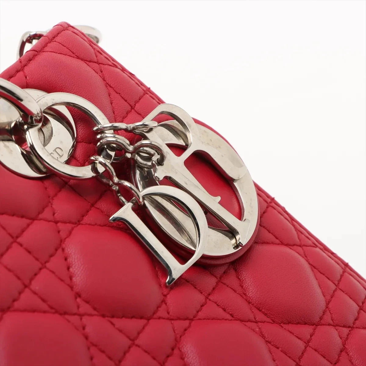 Pre-Loved Lady Dior Handbag Cannage Leather Medium with Silver Hardware, Red