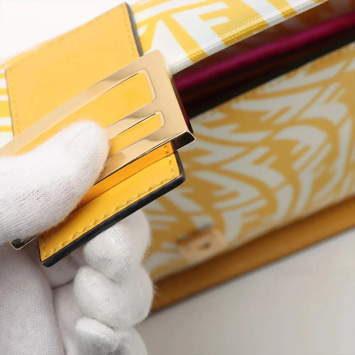 Pre-Loved Baguette Shoulder Bag FF Vertigo Coated Canvas with Gold Hardware, Yellow and White