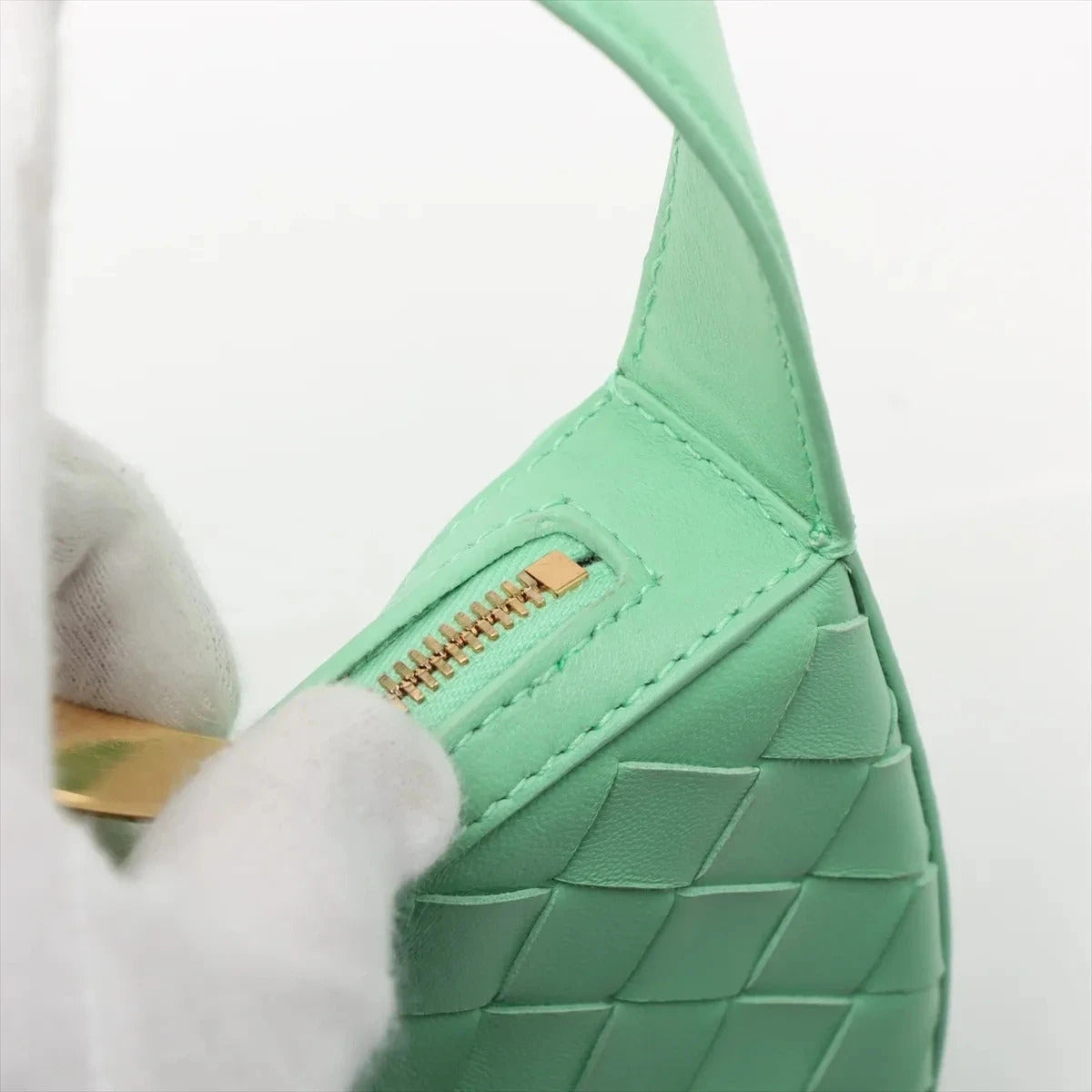 Pre-Loved Sunrise Shoulder Bag Intrecciato Leather Small with Gold Hardware, Mint Green
