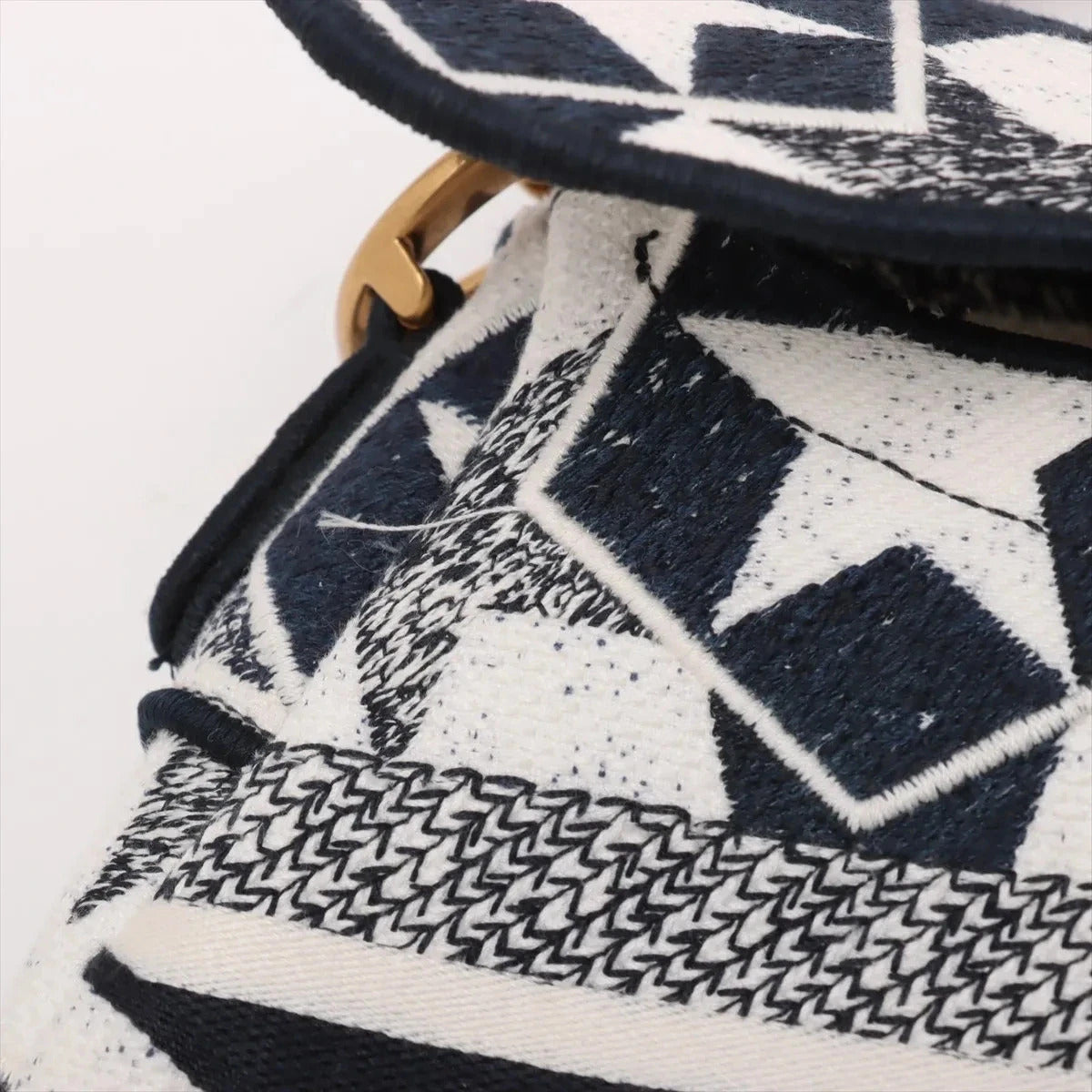 Pre-Loved Saddle Shoulder Bag Star Canvas Medium with Aged Gold Hardware, Navy and White