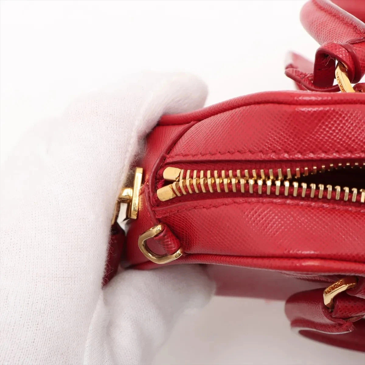 Pre-Loved Saffiano Mini Bauletto Handbag Leather Mini with Gold Hardware, Red