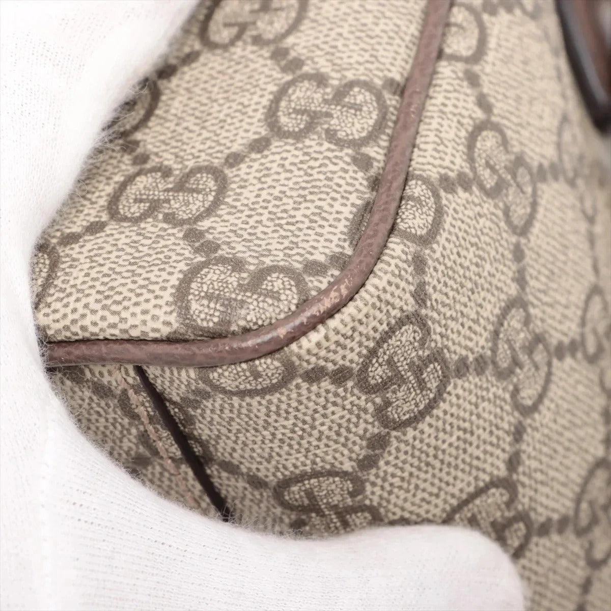 Pre-Loved Ophidia GG Mini Boston Handbag Monogram Coated Canvas Mini with Gold Hardware, Beige Ebony