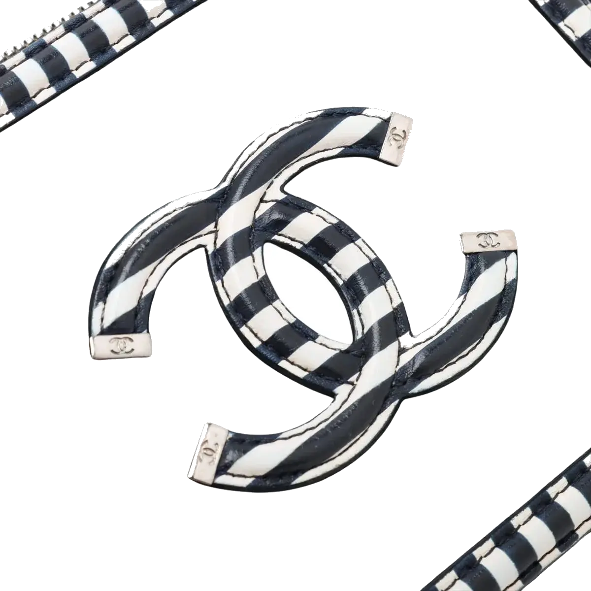 Pre-Loved CC Filigree Vanity Case Vanity Case Quilted Leather Small with Silver Hardware, Navy Blue with White Striped Trim