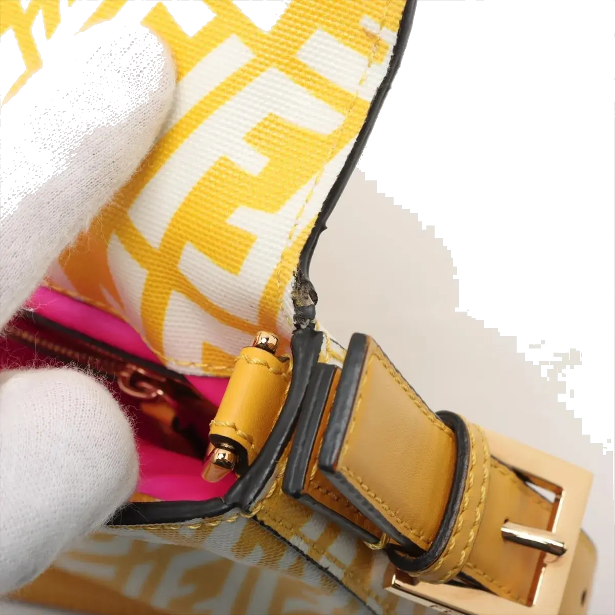 Pre-Loved Baguette Shoulder Bag FF Vertigo Coated Canvas with Gold Hardware, Yellow and White