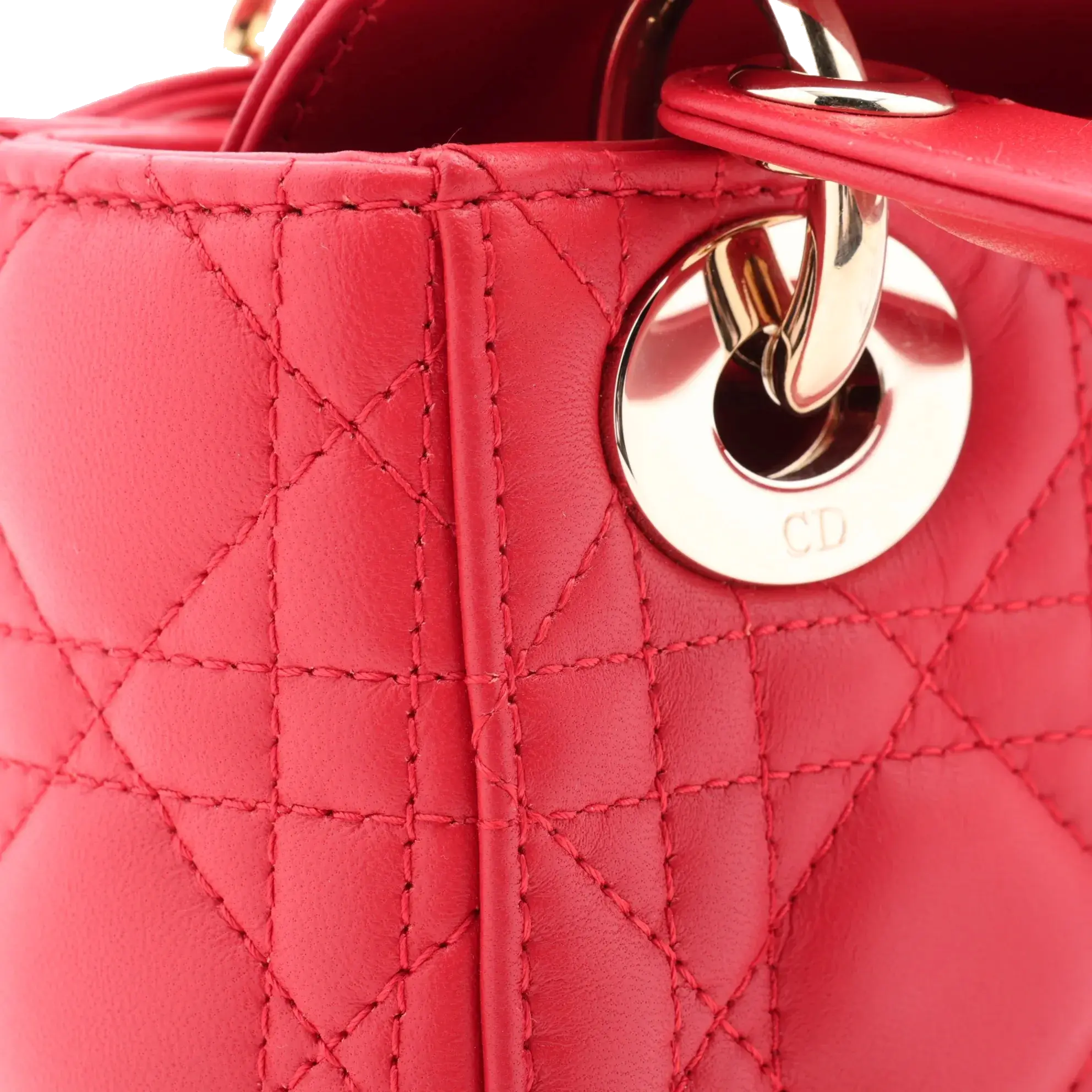 Pre-Loved Lady Dior Handbag Cannage Leather Mini with Gold Hardware, Red
