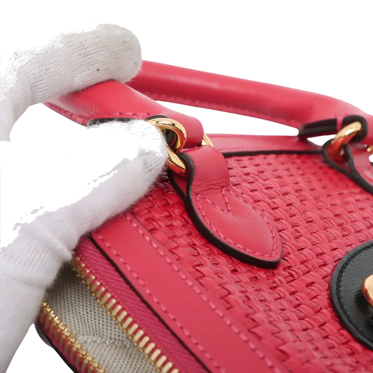 Pre-Loved Horsebit 1955 Handbag Woven Raffia Mini with Gold Hardware, Pink