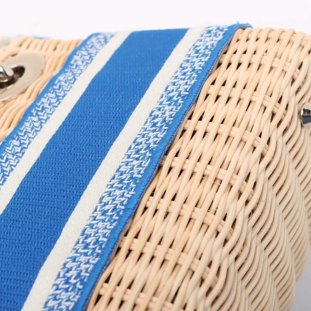 Pre-Loved Lady Dior Handbag Wicker Oblique Medium with Gold Hardware, Natural Beige and Blue
