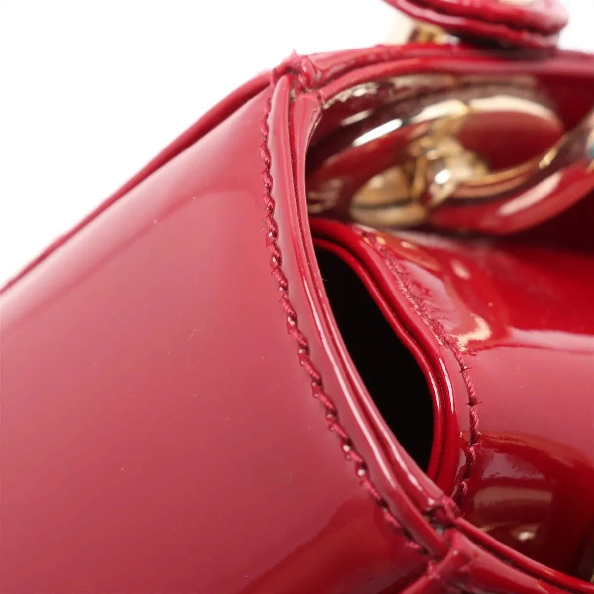 Pre-Loved Lady Dior Handbag Cannage Patent Leather Mini with Gold Hardware, Red