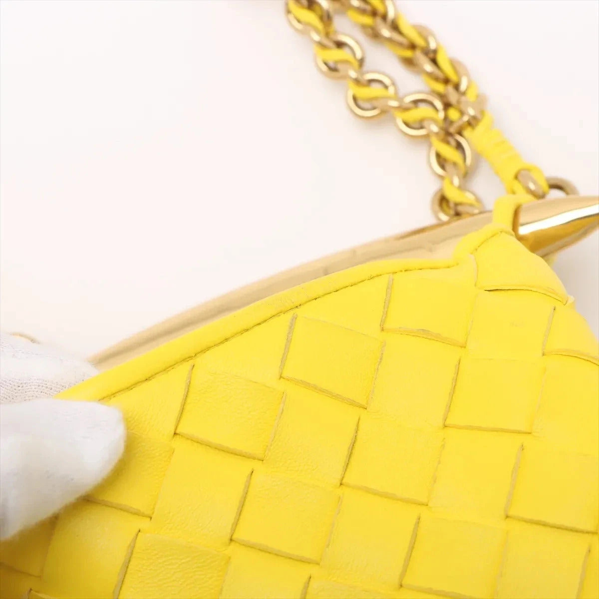 Pre-Loved Sardine Mini Shoulder Bag Intrecciato Leather Mini with Gold Hardware, Yellow